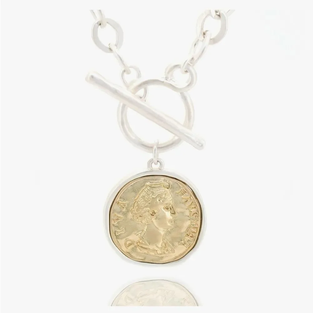 18k Gold Plated Coin Pendant Silver 18” Necklace with Toggle Clasp Link Chain
